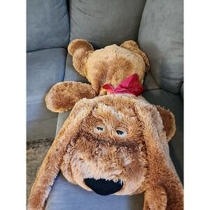Vintage Hug & Luv Laying Puppy Dog Jumbo 38" Brown Pillow Plush Floppy Red Bow